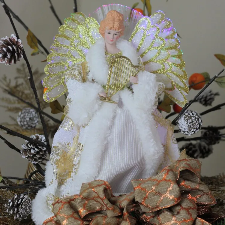 12" Angel In Gold and Cream Gown with Harp Lighted Fiber Optic Christmas Tree Topper