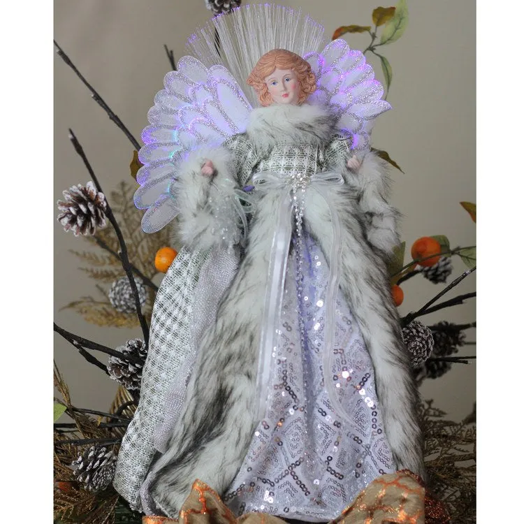 16" Angel In Silver Gingham Coat Lighted Fiber Optic Christmas Tree Topper