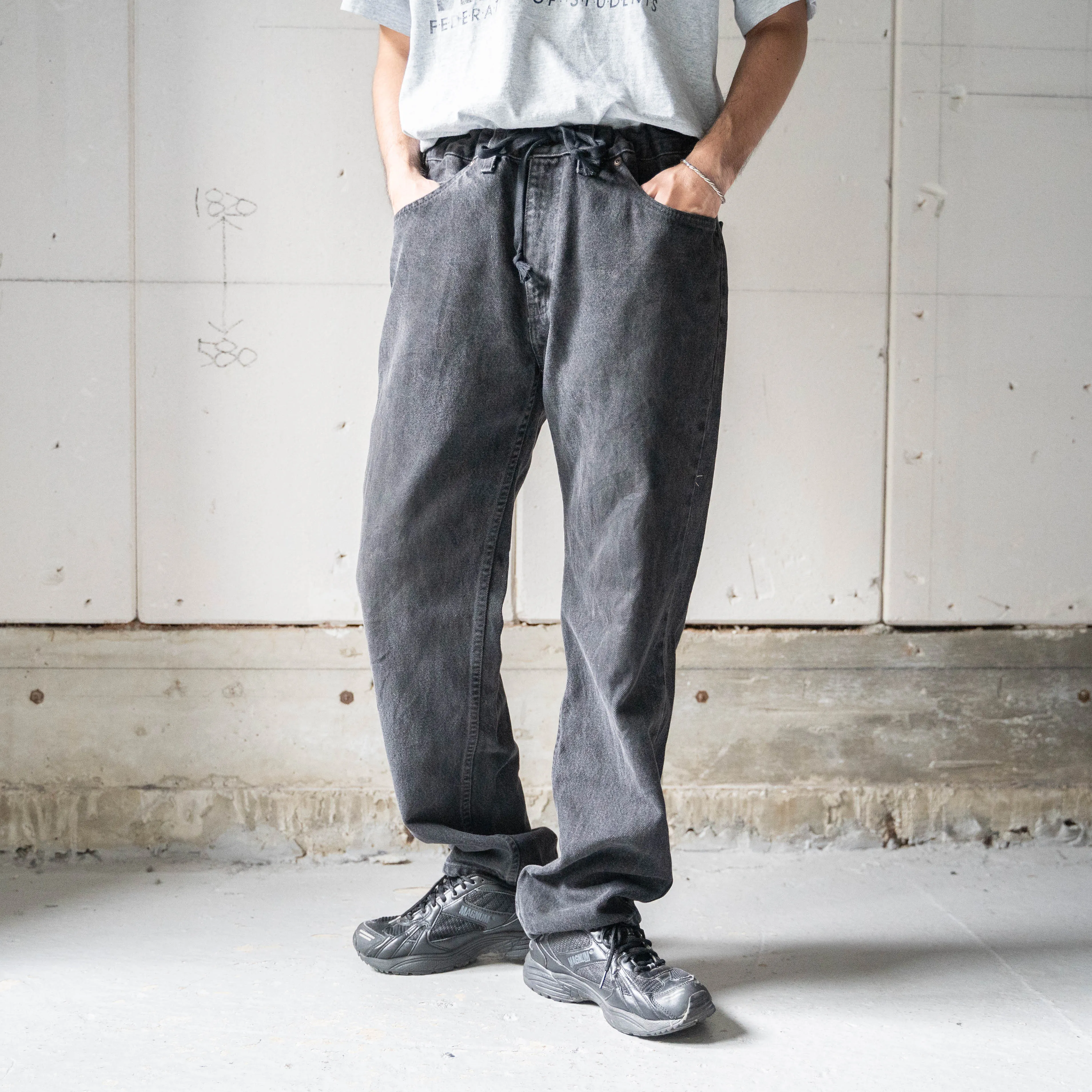 1990-00s black color denim pants -waist code remake-