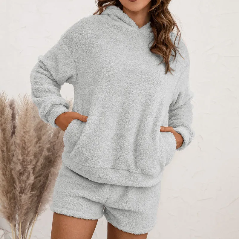 2 Piece Solid Color Long Sleeve Sweatshirt ＆ Shorts Pants