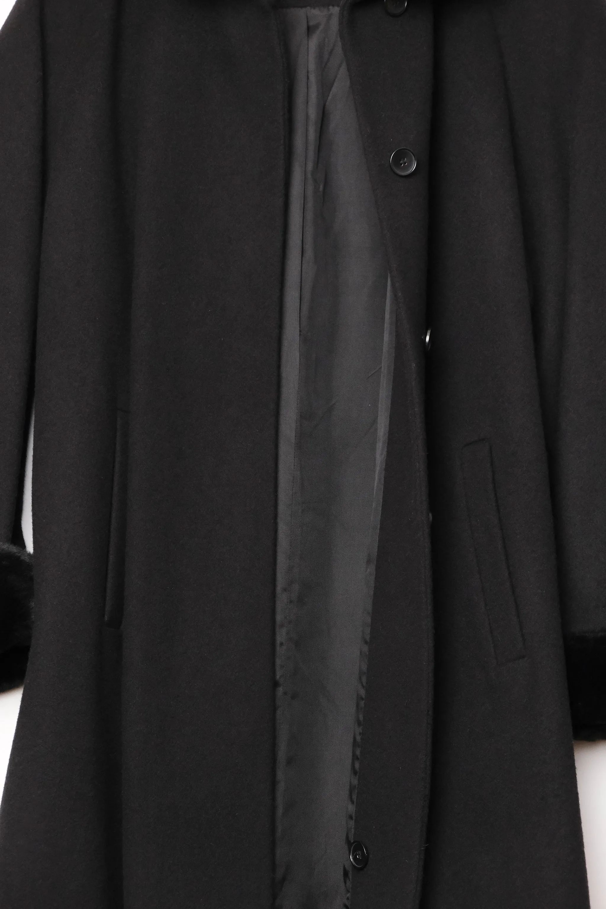 Albert Nipon Studio Black Wool Faux Fur Cuff Coat, 90's US 10