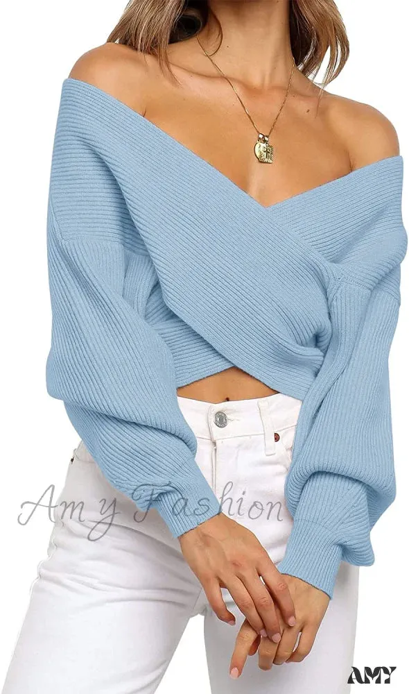 Amy Fashion - Women's Long Sleeve Wrap Casual Off Shoulder Crop Knitted Pullover Sweater