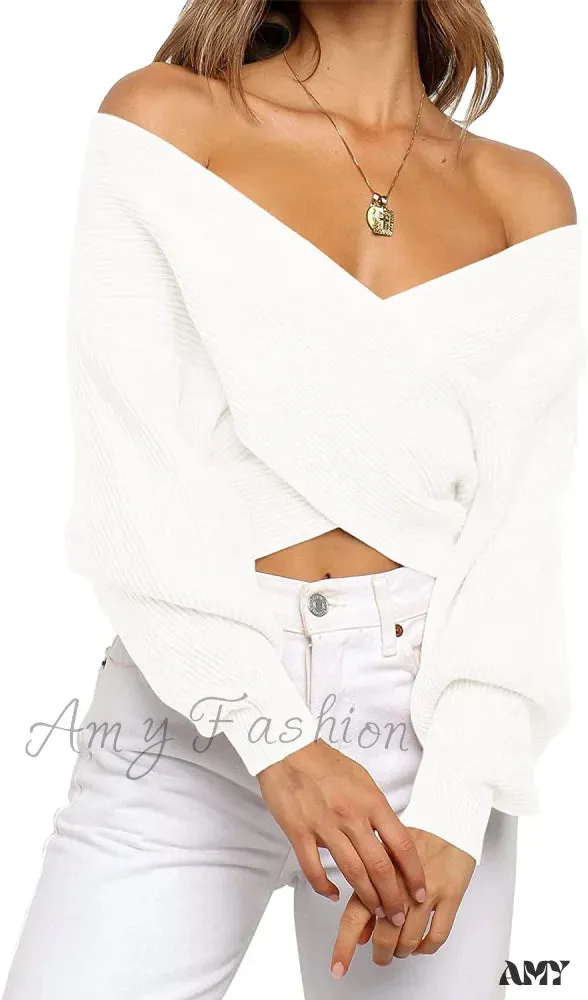 Amy Fashion - Women's Long Sleeve Wrap Casual Off Shoulder Crop Knitted Pullover Sweater