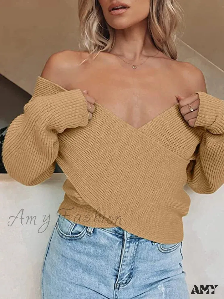 Amy Fashion - Women's Long Sleeve Wrap Casual Off Shoulder Crop Knitted Pullover Sweater