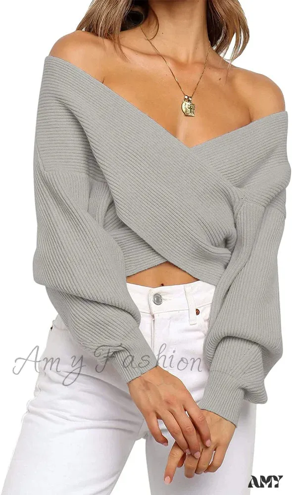 Amy Fashion - Women's Long Sleeve Wrap Casual Off Shoulder Crop Knitted Pullover Sweater