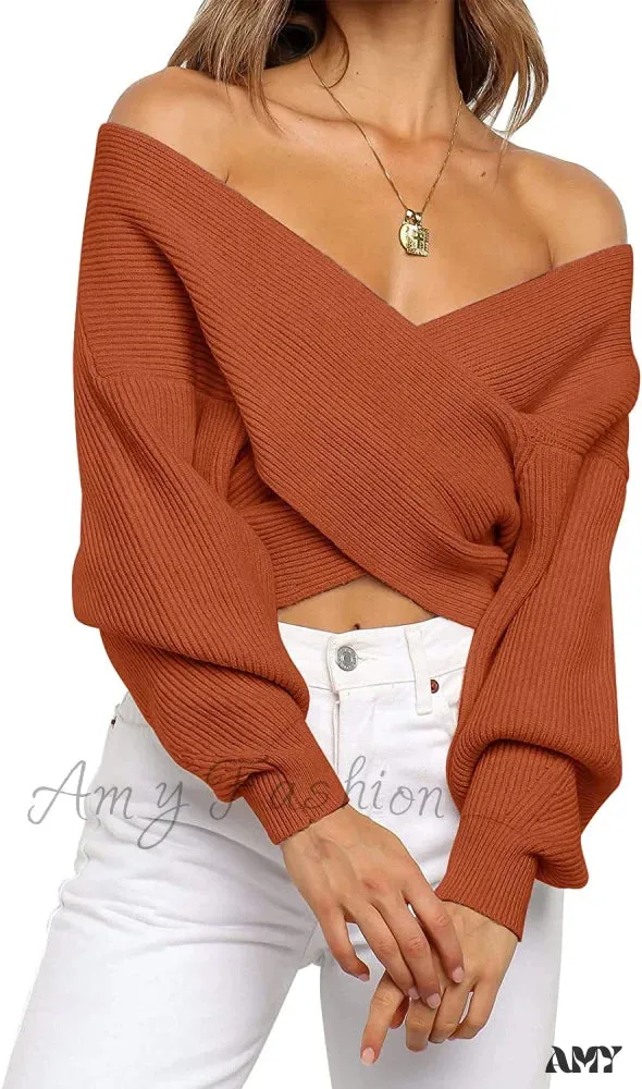 Amy Fashion - Women's Long Sleeve Wrap Casual Off Shoulder Crop Knitted Pullover Sweater