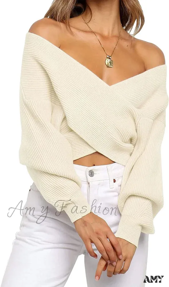 Amy Fashion - Women's Long Sleeve Wrap Casual Off Shoulder Crop Knitted Pullover Sweater