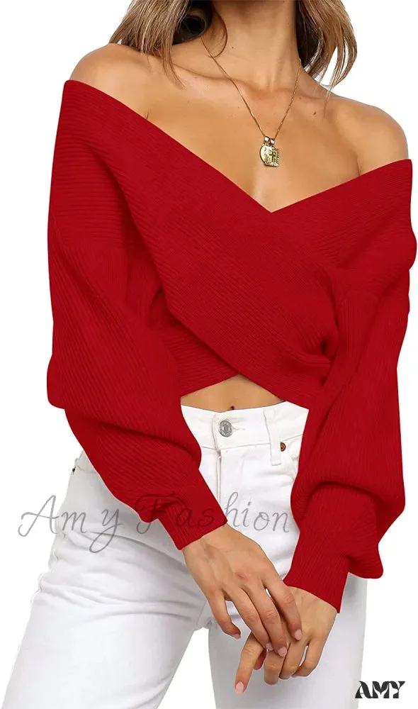 Amy Fashion - Women's Long Sleeve Wrap Casual Off Shoulder Crop Knitted Pullover Sweater