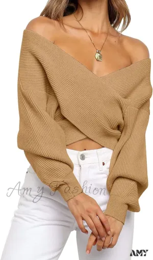 Amy Fashion - Women's Long Sleeve Wrap Casual Off Shoulder Crop Knitted Pullover Sweater