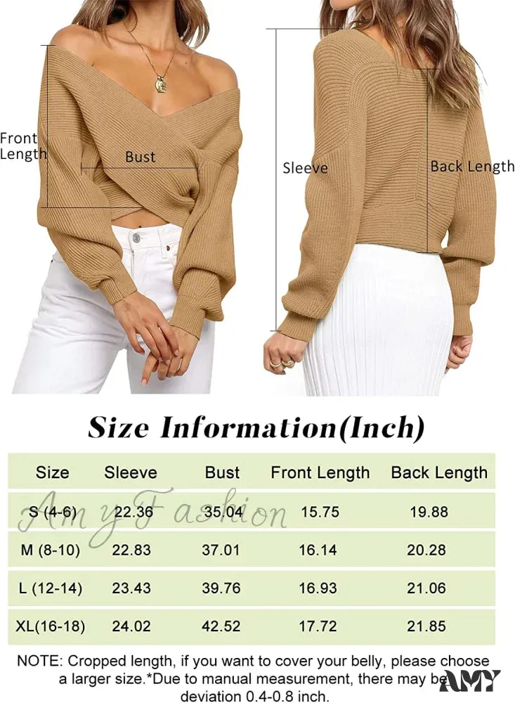 Amy Fashion - Women's Long Sleeve Wrap Casual Off Shoulder Crop Knitted Pullover Sweater