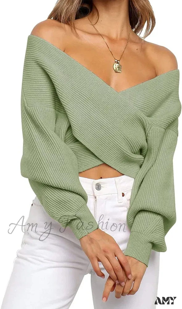 Amy Fashion - Women's Long Sleeve Wrap Casual Off Shoulder Crop Knitted Pullover Sweater