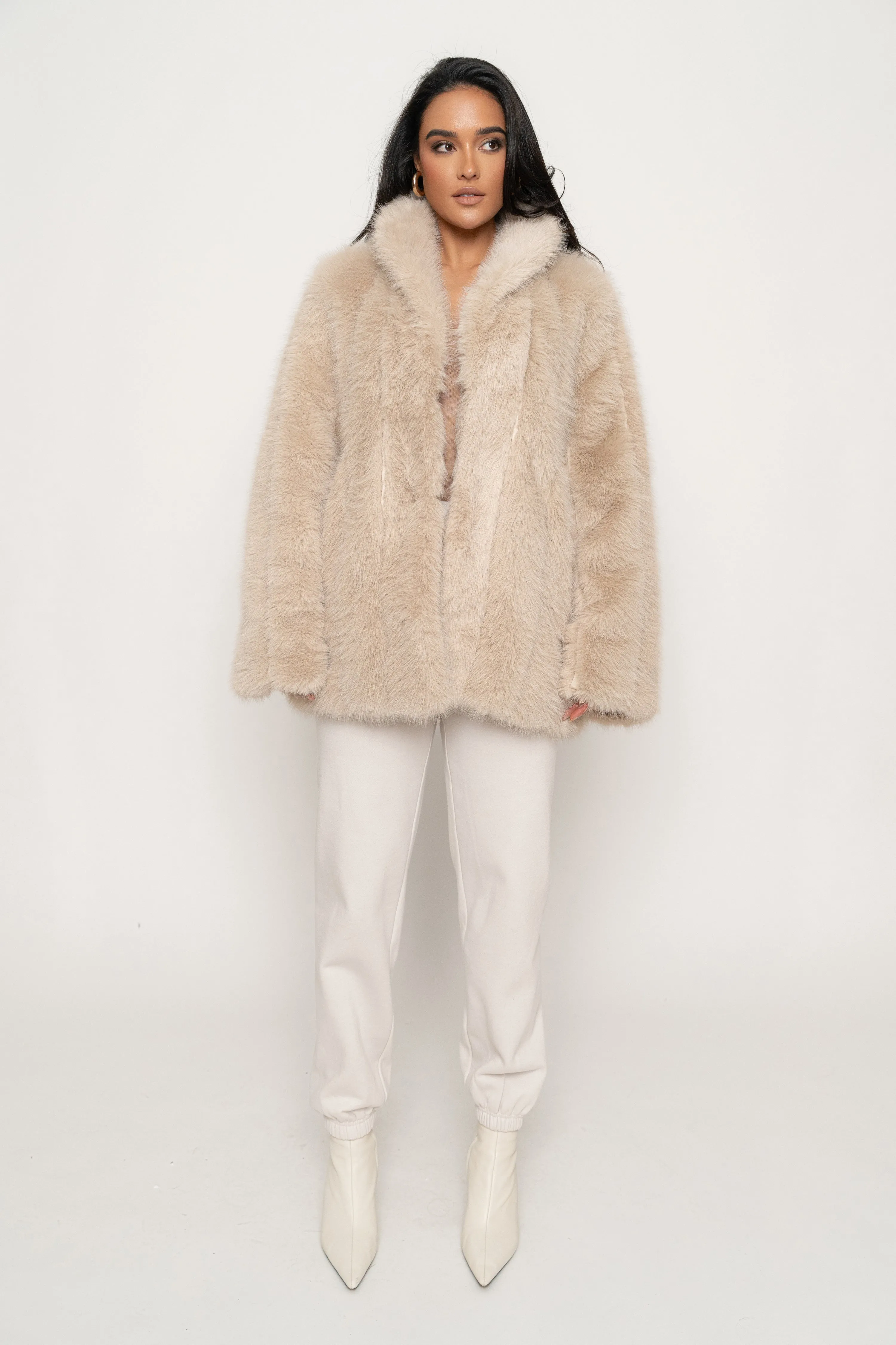 Beige Cropped Manhattan Faux Fur Coat