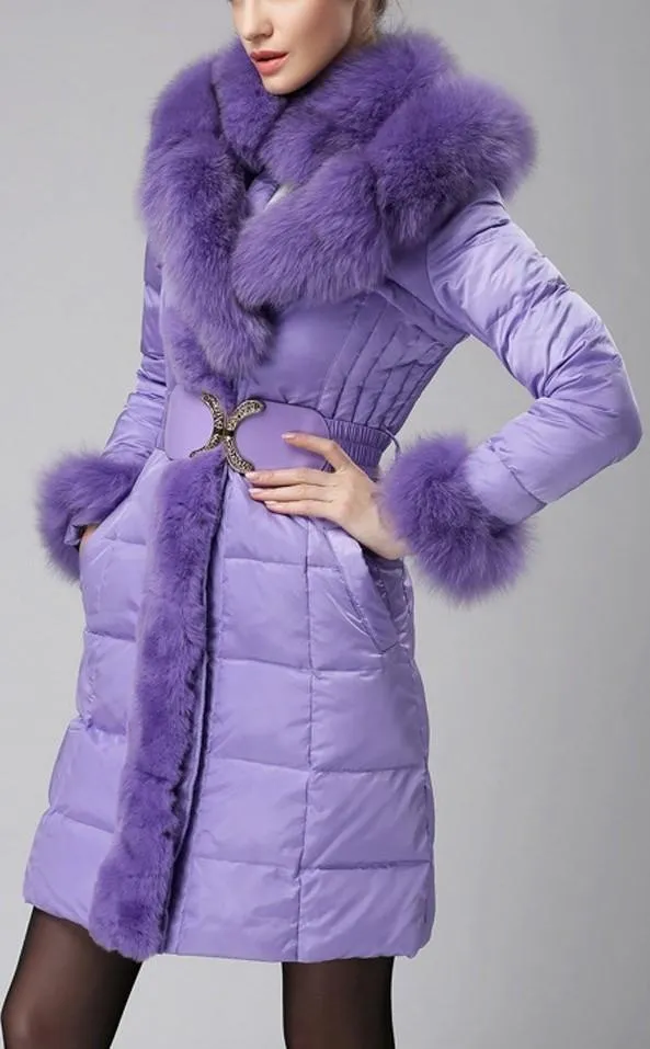 Belted Fox-Fur-Trimmed Puffer Down Coat, Purple