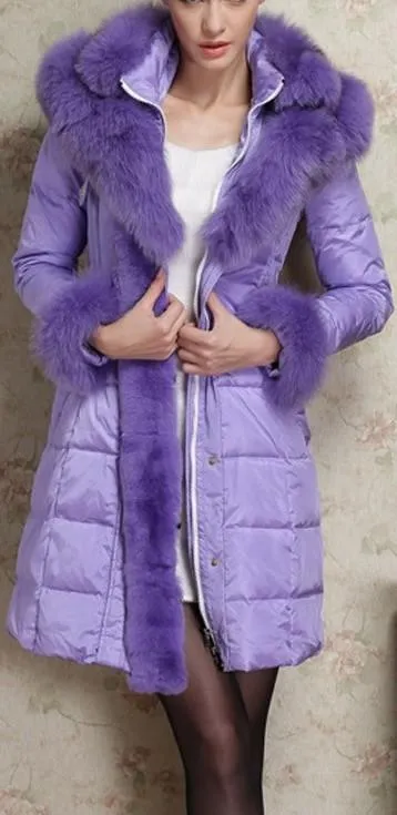 Belted Fox-Fur-Trimmed Puffer Down Coat, Purple