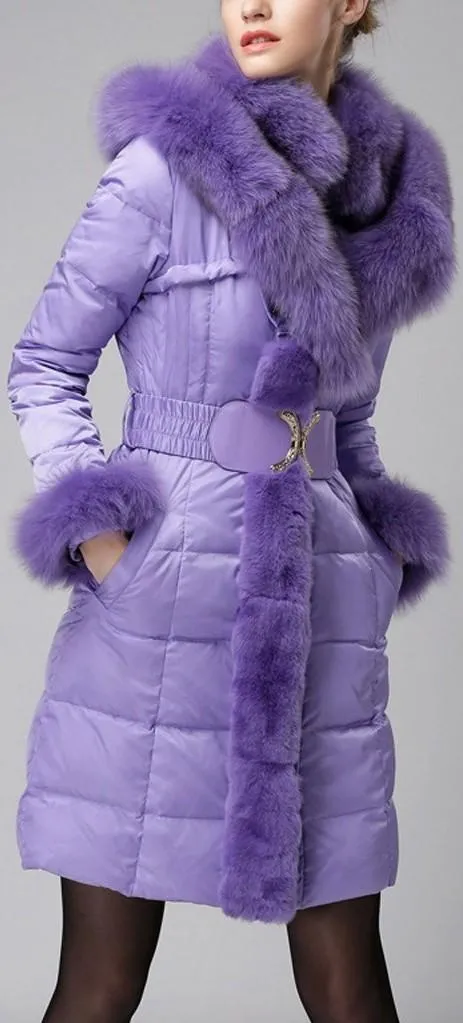 Belted Fox-Fur-Trimmed Puffer Down Coat, Purple