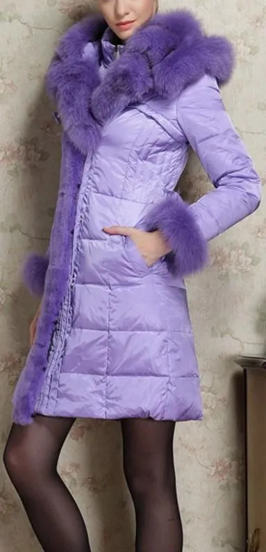 Belted Fox-Fur-Trimmed Puffer Down Coat, Purple