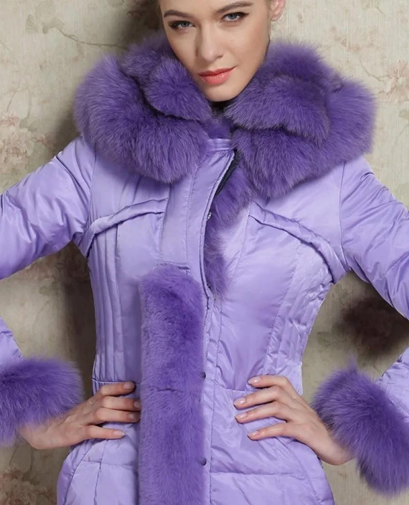 Belted Fox-Fur-Trimmed Puffer Down Coat, Purple