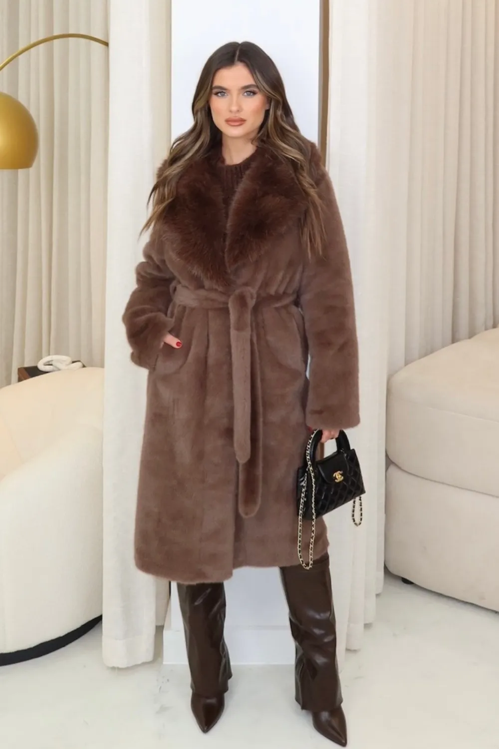 Bethany chocolate belted faux fur coat