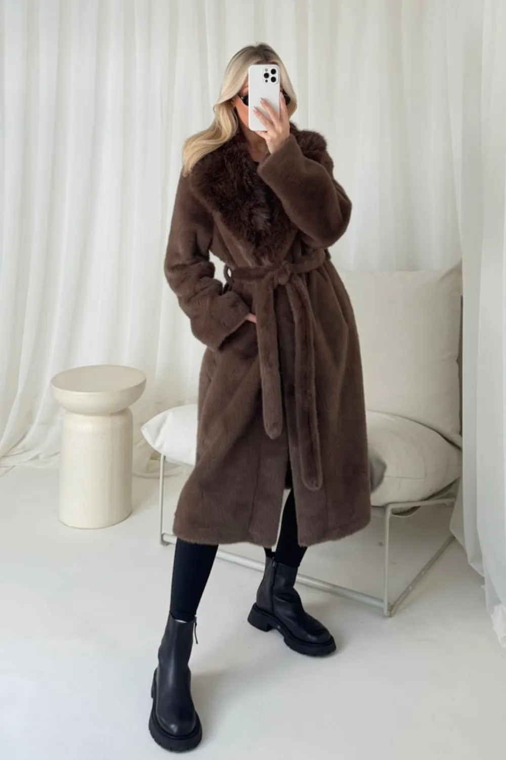 Bethany chocolate belted faux fur coat