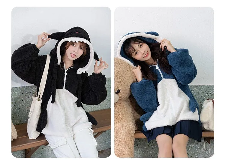 Black & Blue Shark Tail Zipper Cashmere Wool Hoodie Jacket