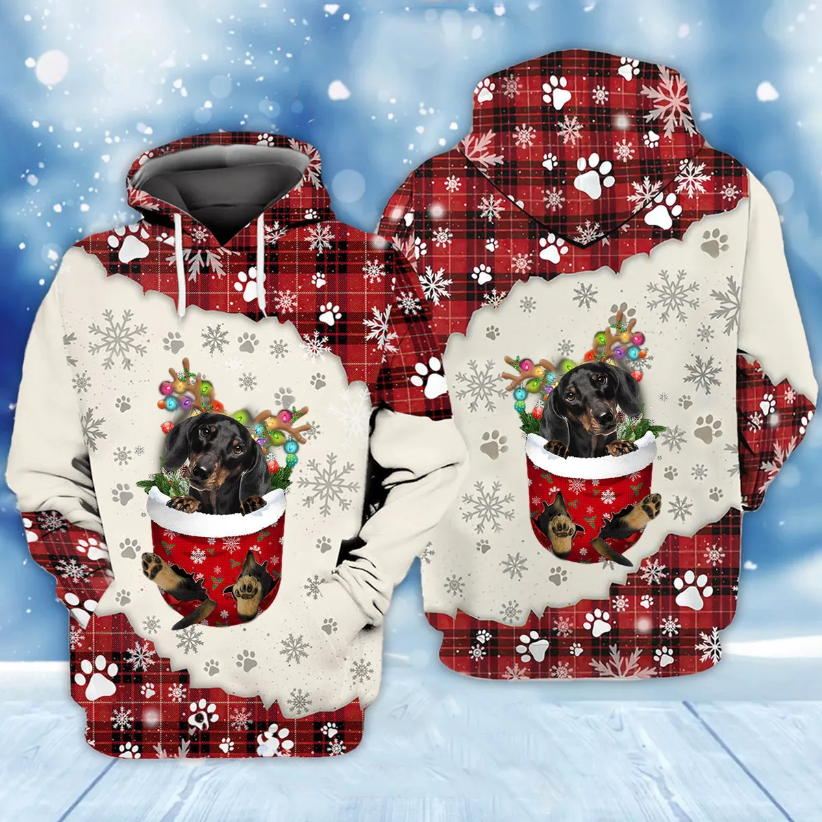 BLACK Dachshund In Snow Pocket Merry Christmas Unisex Hoodie