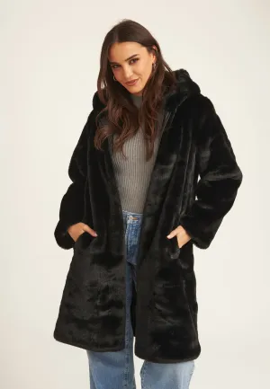 Black Faux Fur Hooded Longline Coat