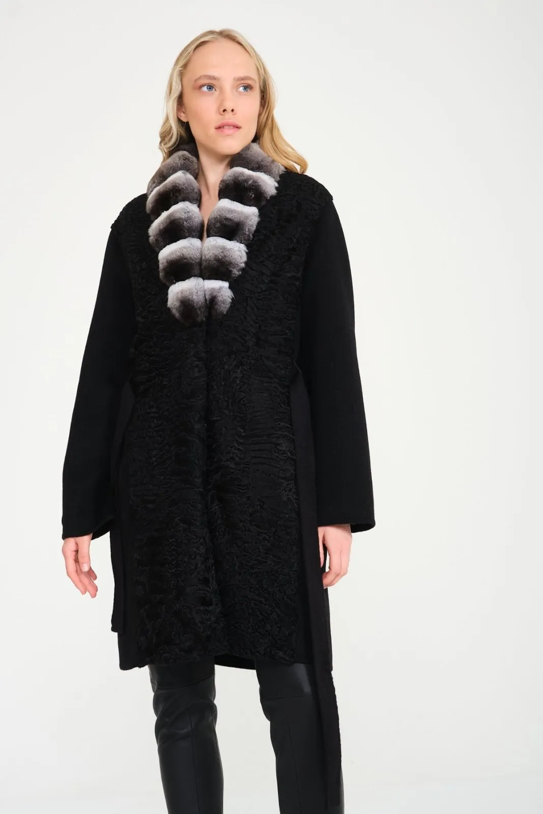 Black Swakara Long Wool Coat