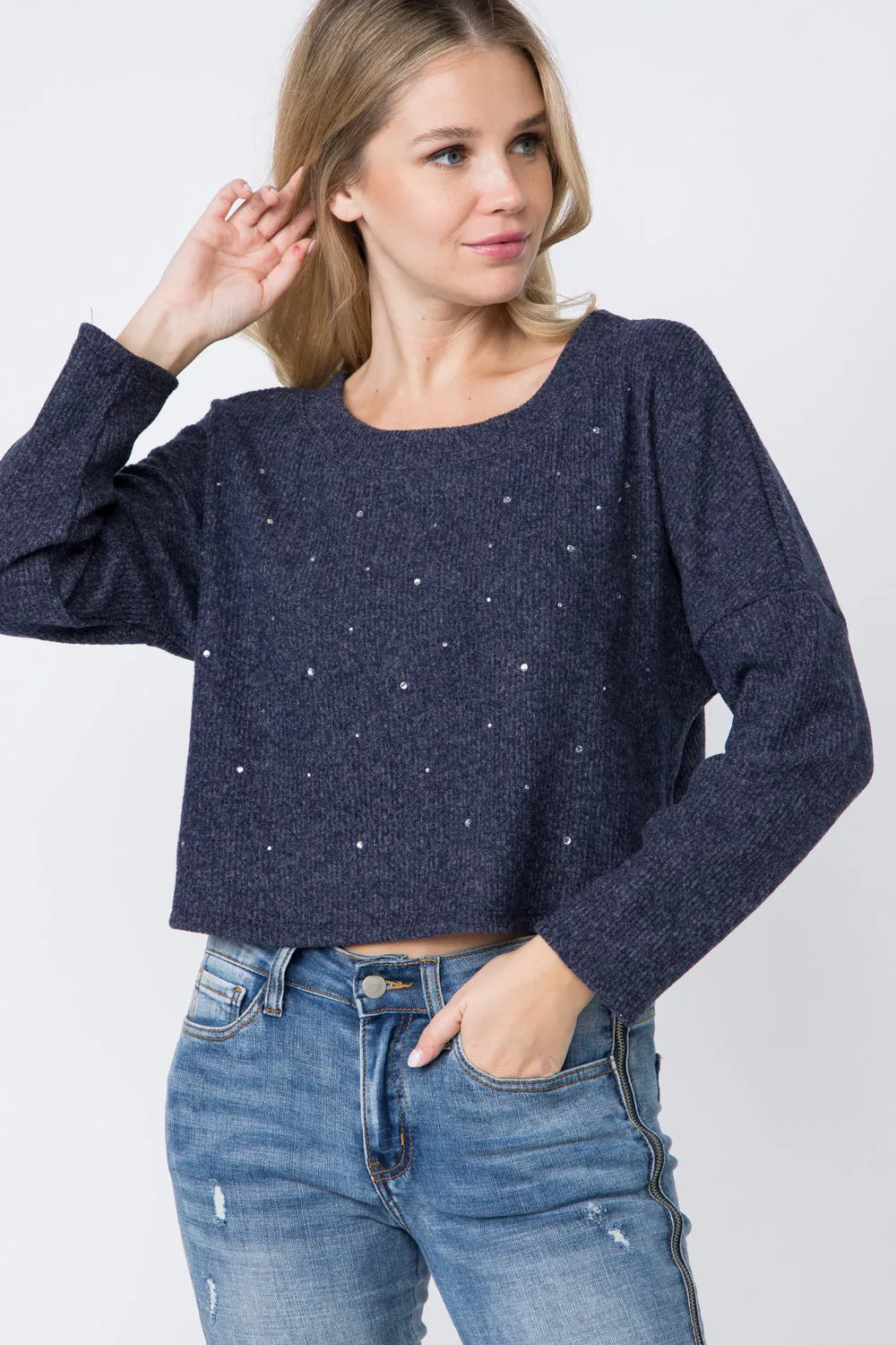 Blue Crop Sweater W/Stones