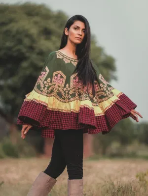 Boho Style Circular Winter Deep Green Khadi Poncho