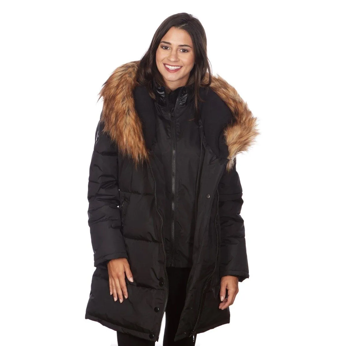 Celsius Women's Faux Fur Hooded Biker Style Puffy Coat