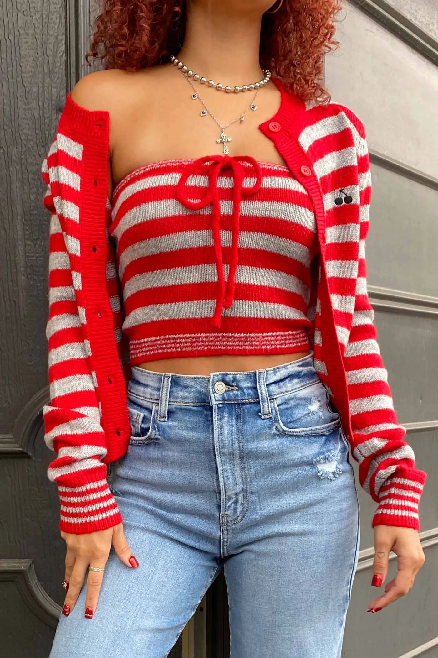 Cherry Embroidered Striped Cardigan