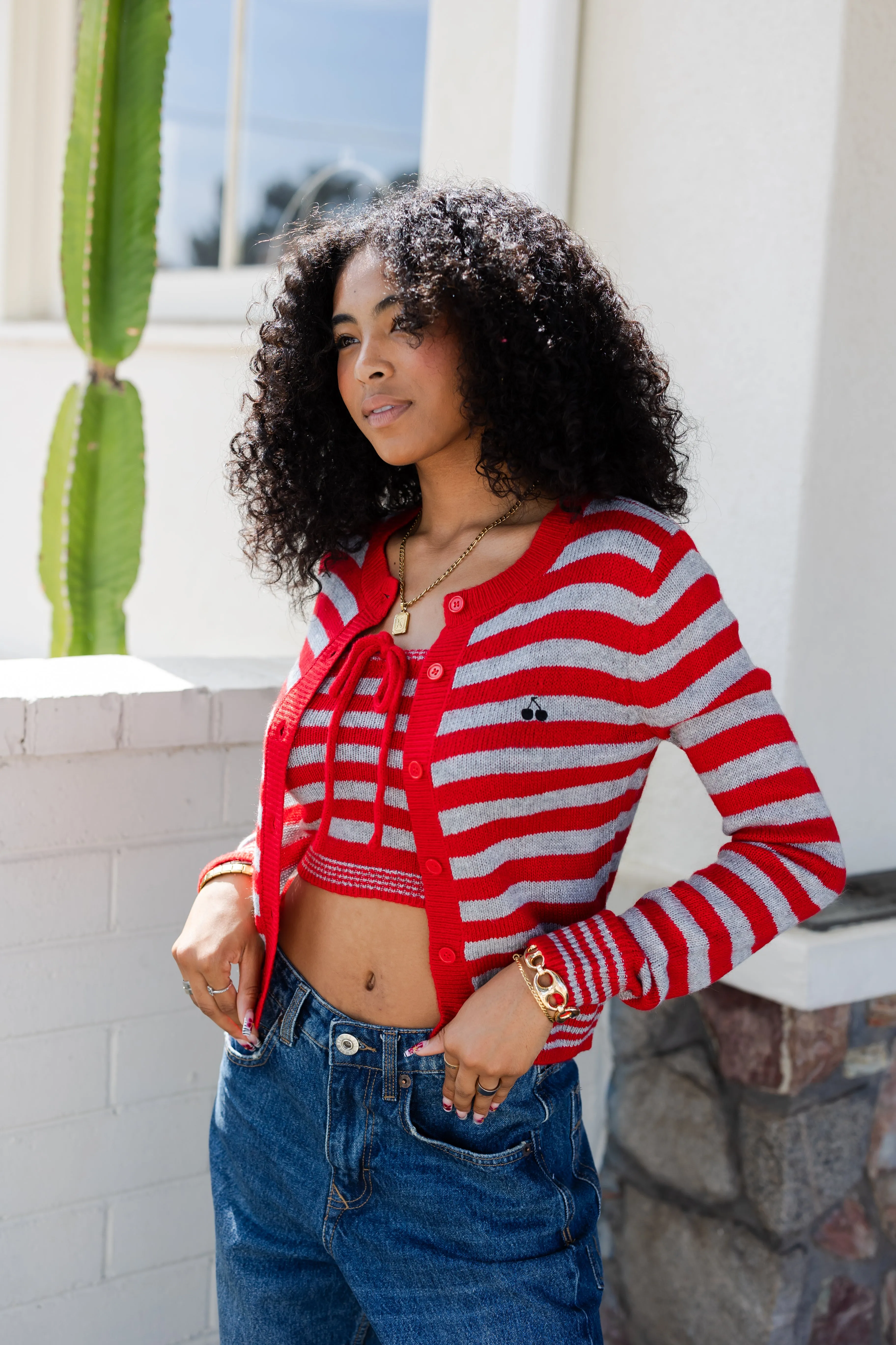 Cherry Embroidered Striped Cardigan