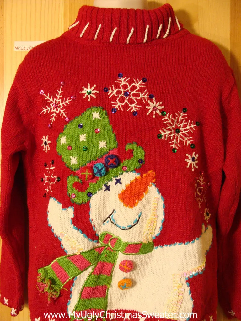 Child Size Tacky Cheap Ugly Christmas Sweater with Huge Festive Carrot Nosed Snowman (f687)