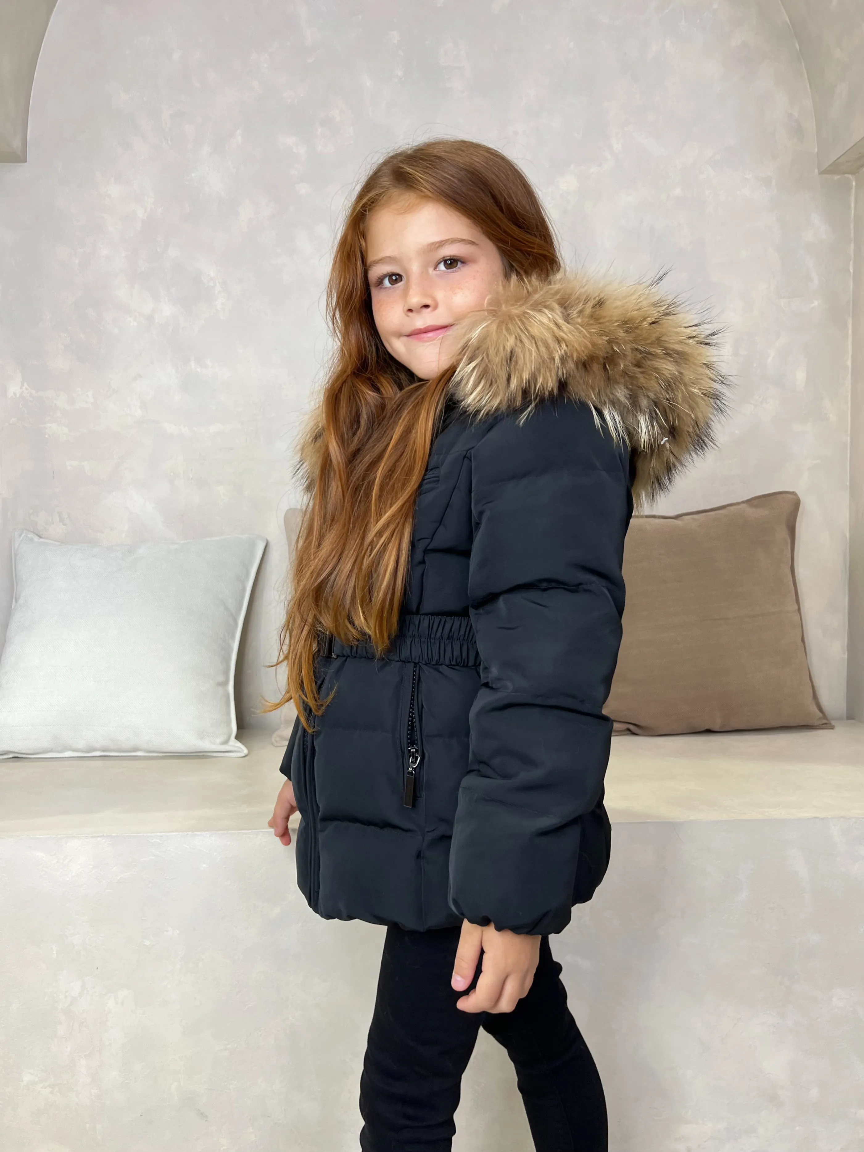 Childrens Black Luxury Fur Padded Belted Coat