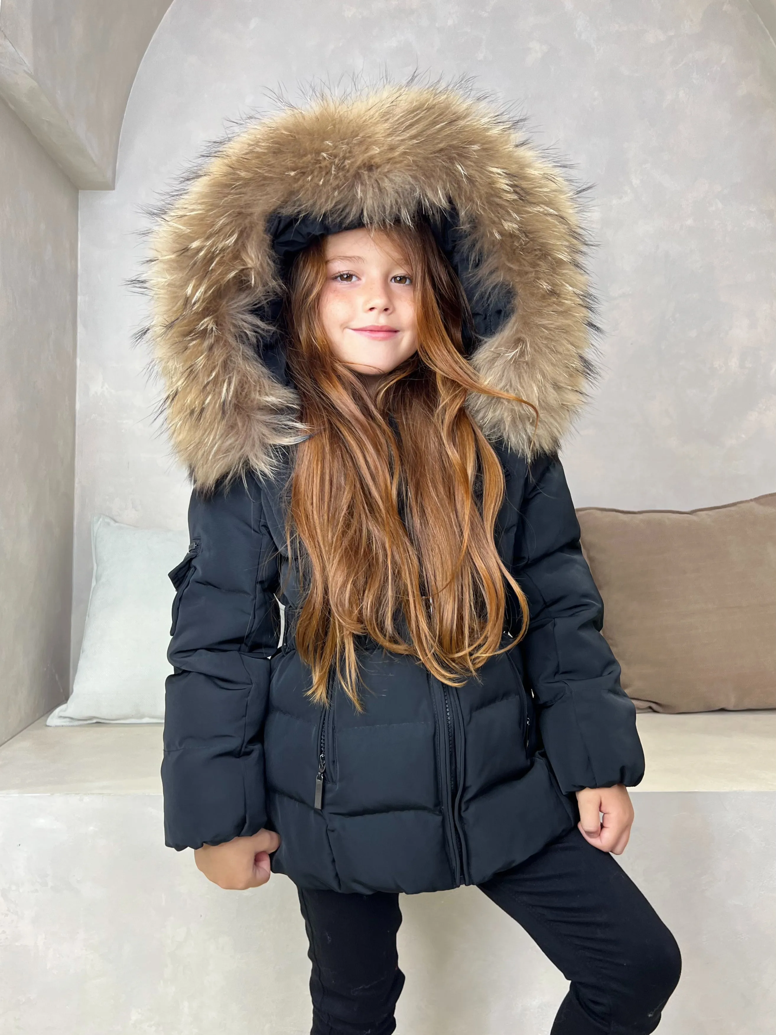 Childrens Black Luxury Fur Padded Belted Coat