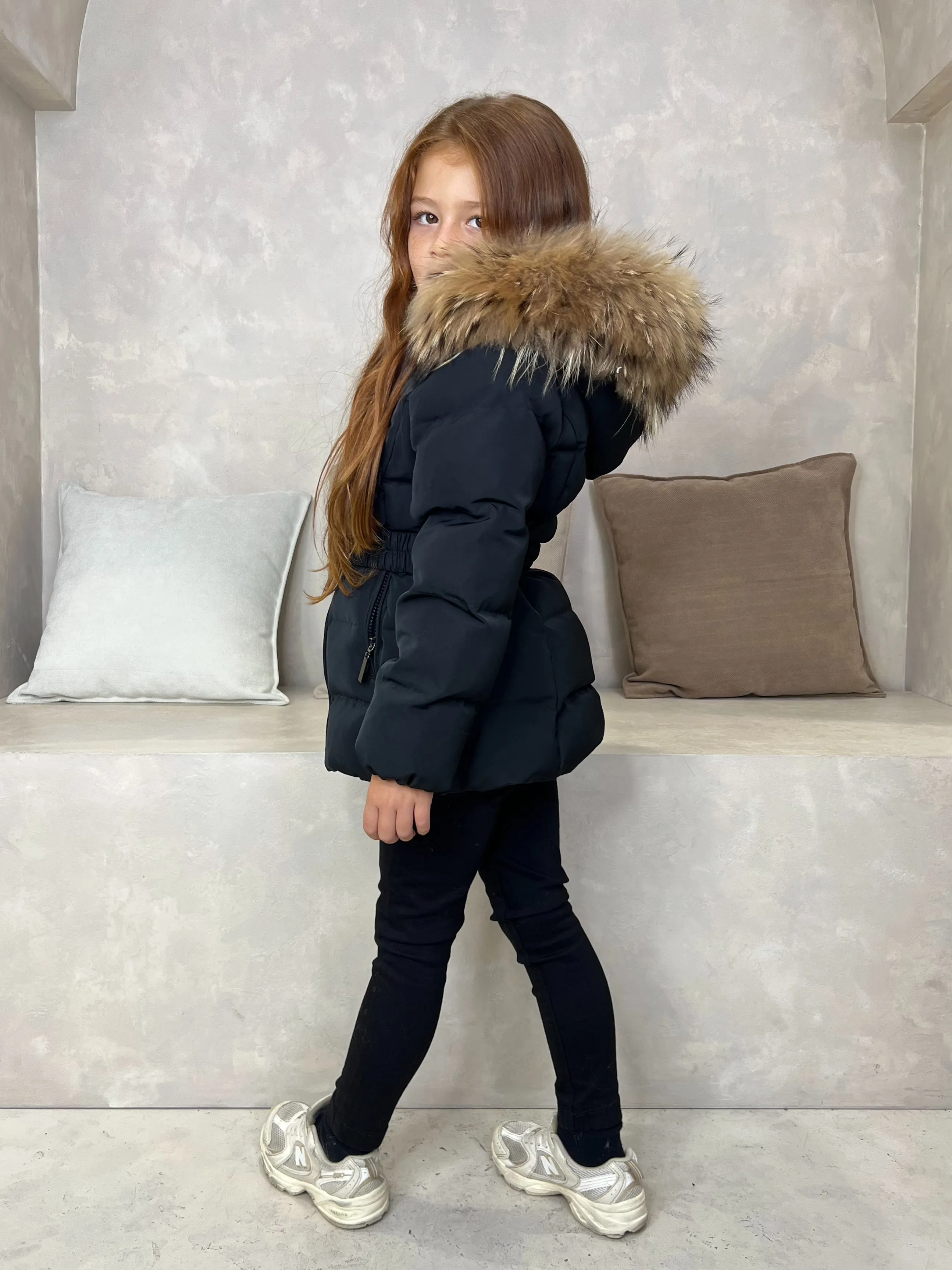 Childrens Black Luxury Fur Padded Belted Coat