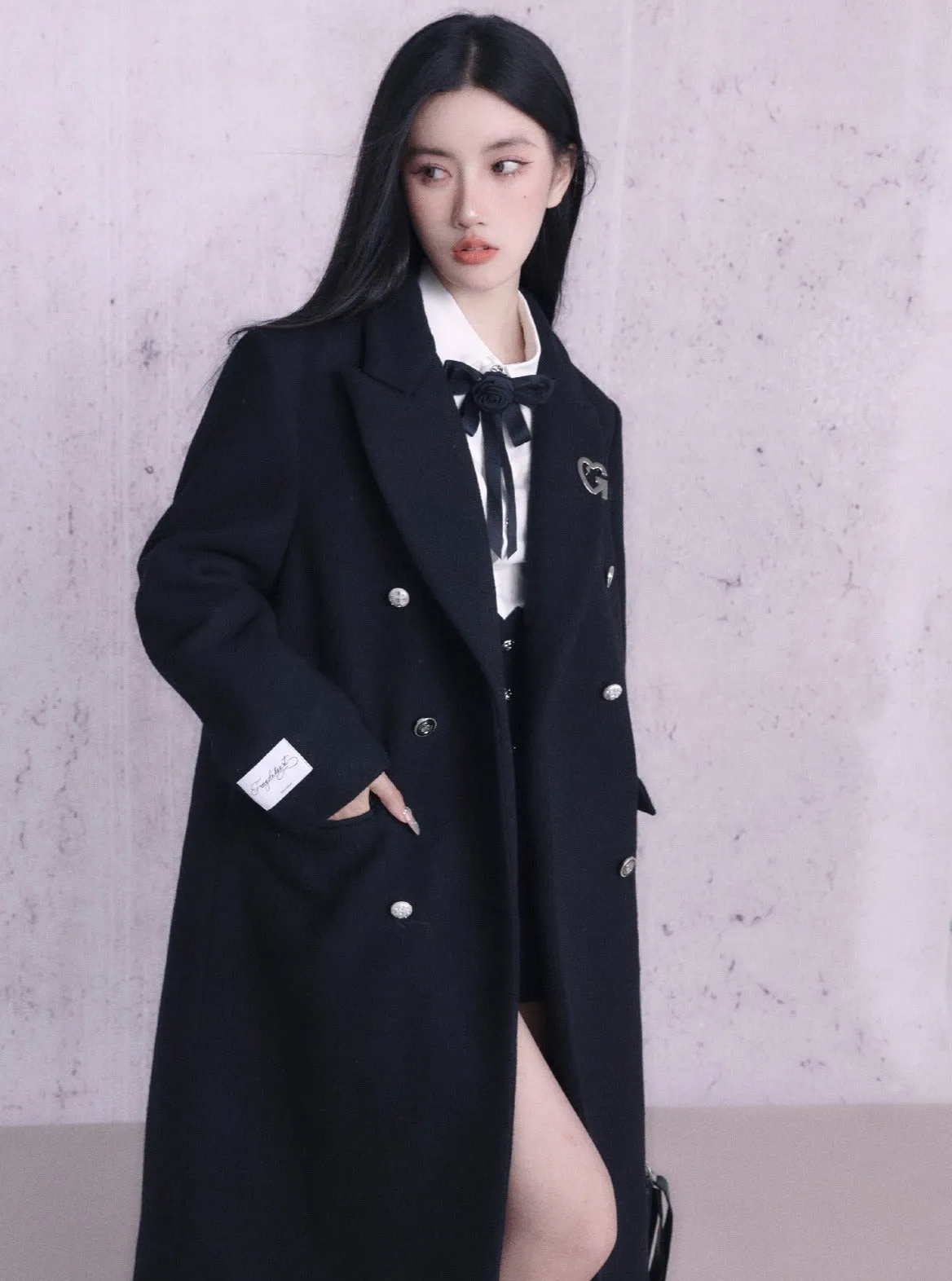 Classic Black Double-Breasted Longline Wool Coat with Silver Buttons