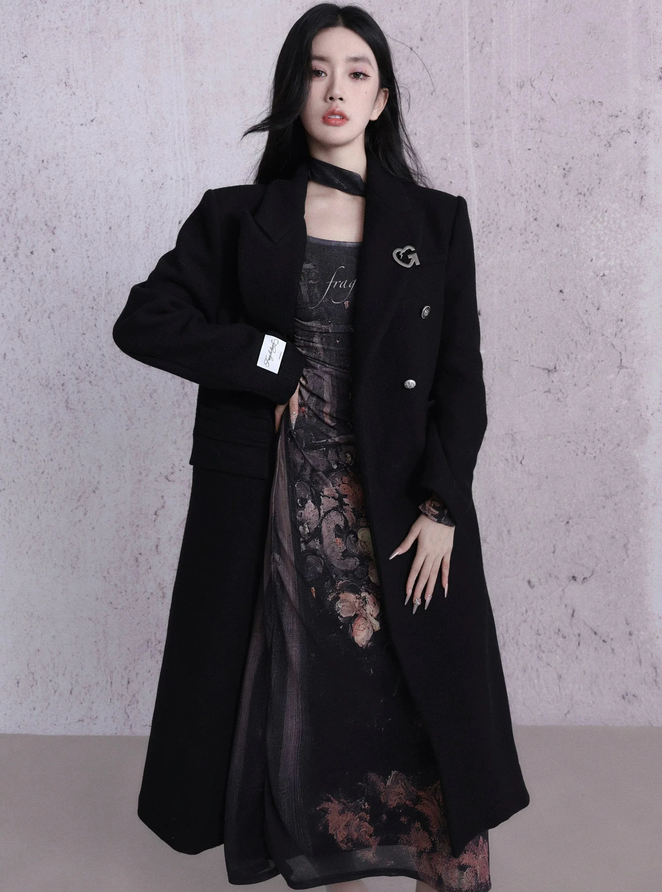 Classic Black Double-Breasted Longline Wool Coat with Silver Buttons