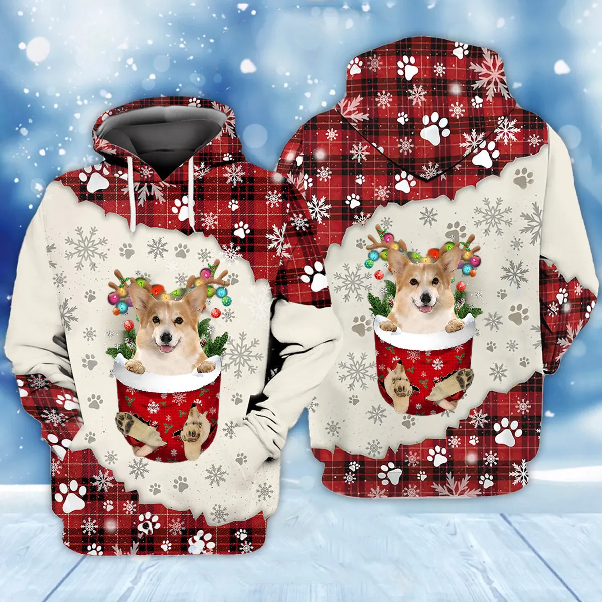 Corgi In Snow Pocket Merry Christmas Unisex Hoodie