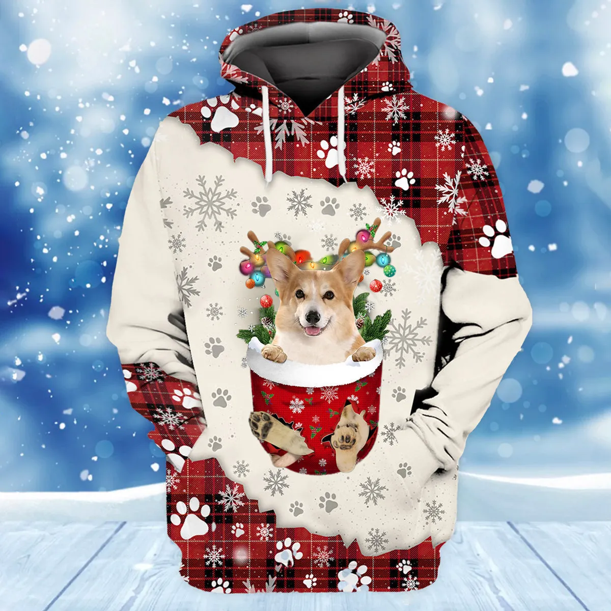 Corgi In Snow Pocket Merry Christmas Unisex Hoodie