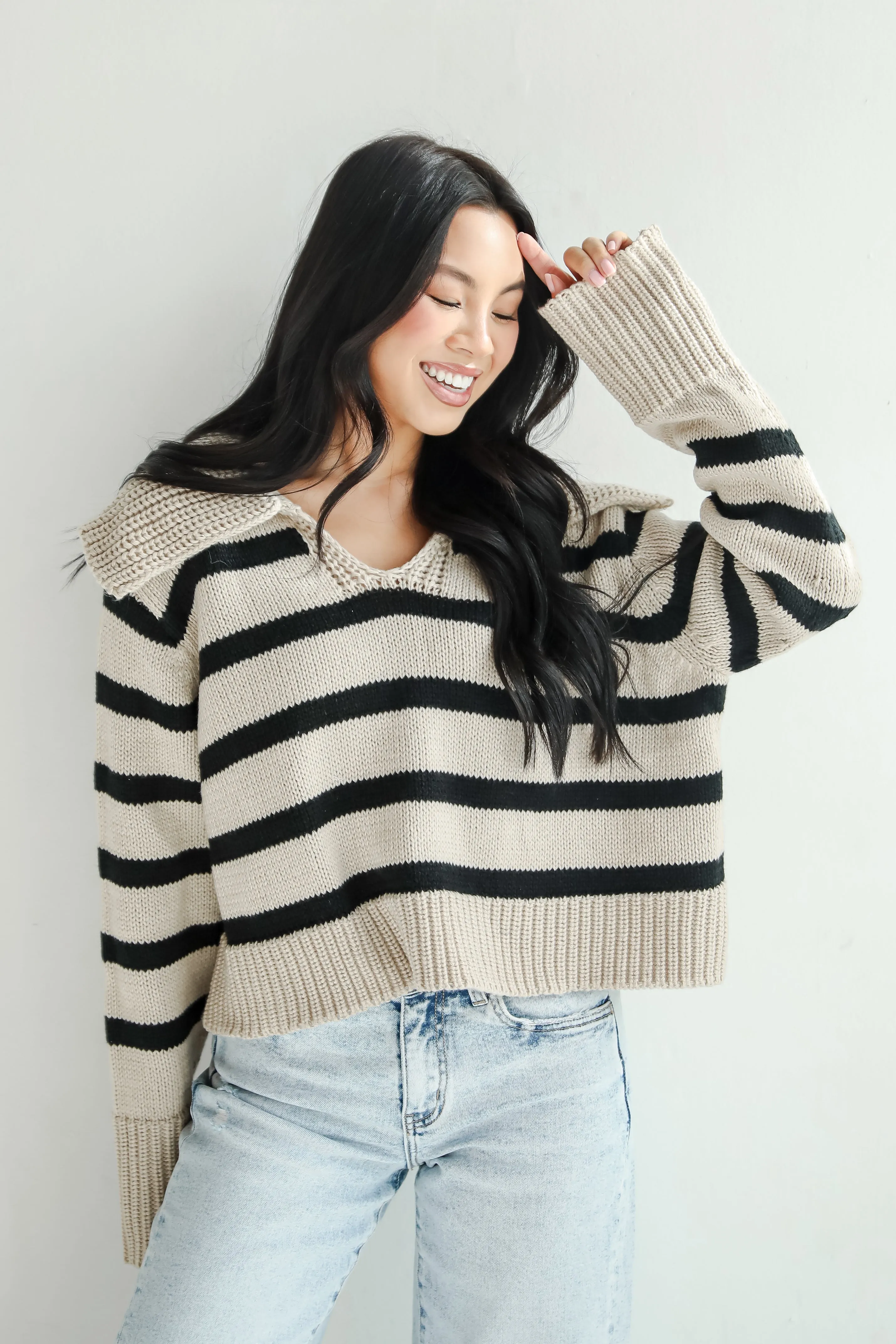 Coziest Cuddles Beige Striped Collared Sweater