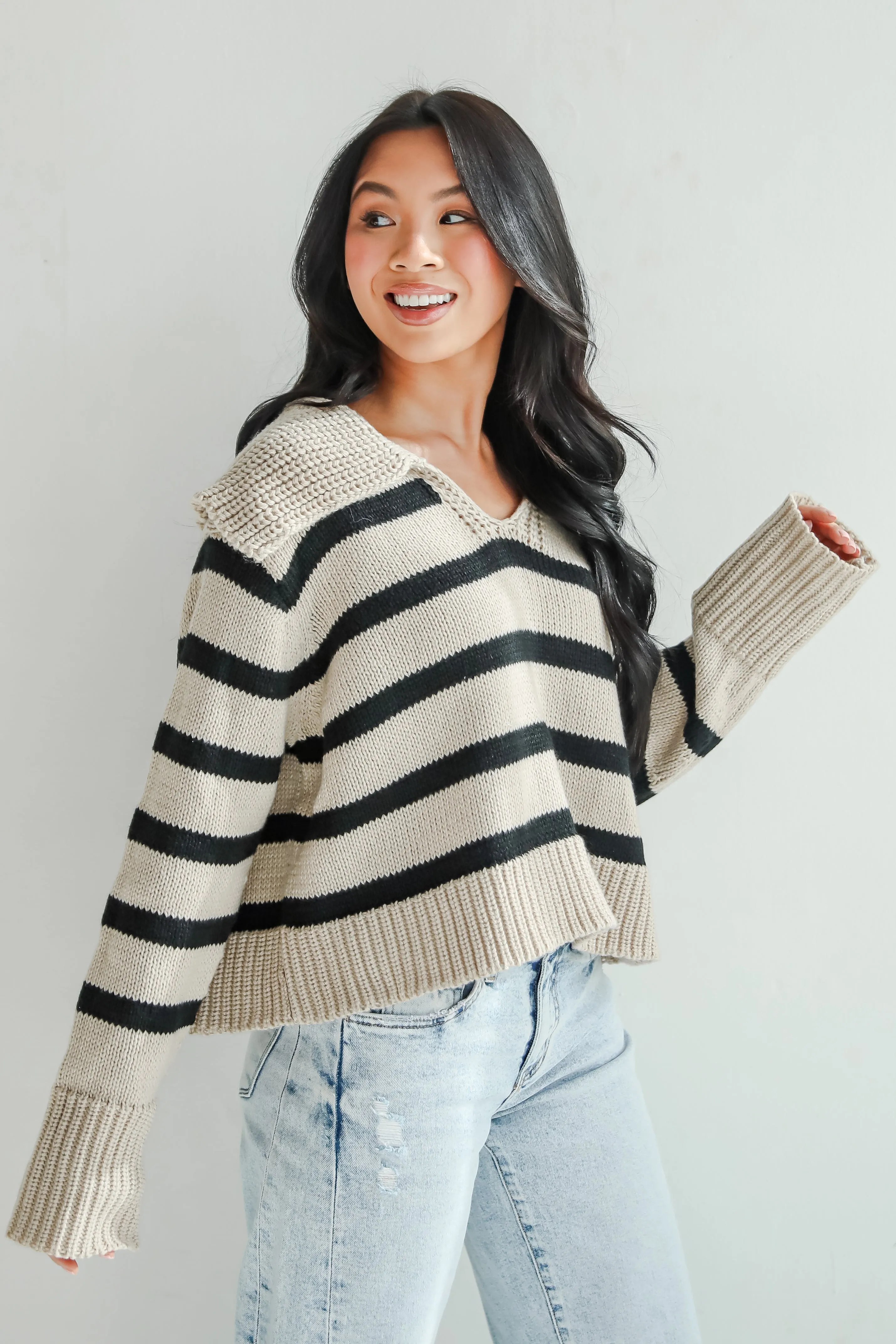 Coziest Cuddles Beige Striped Collared Sweater