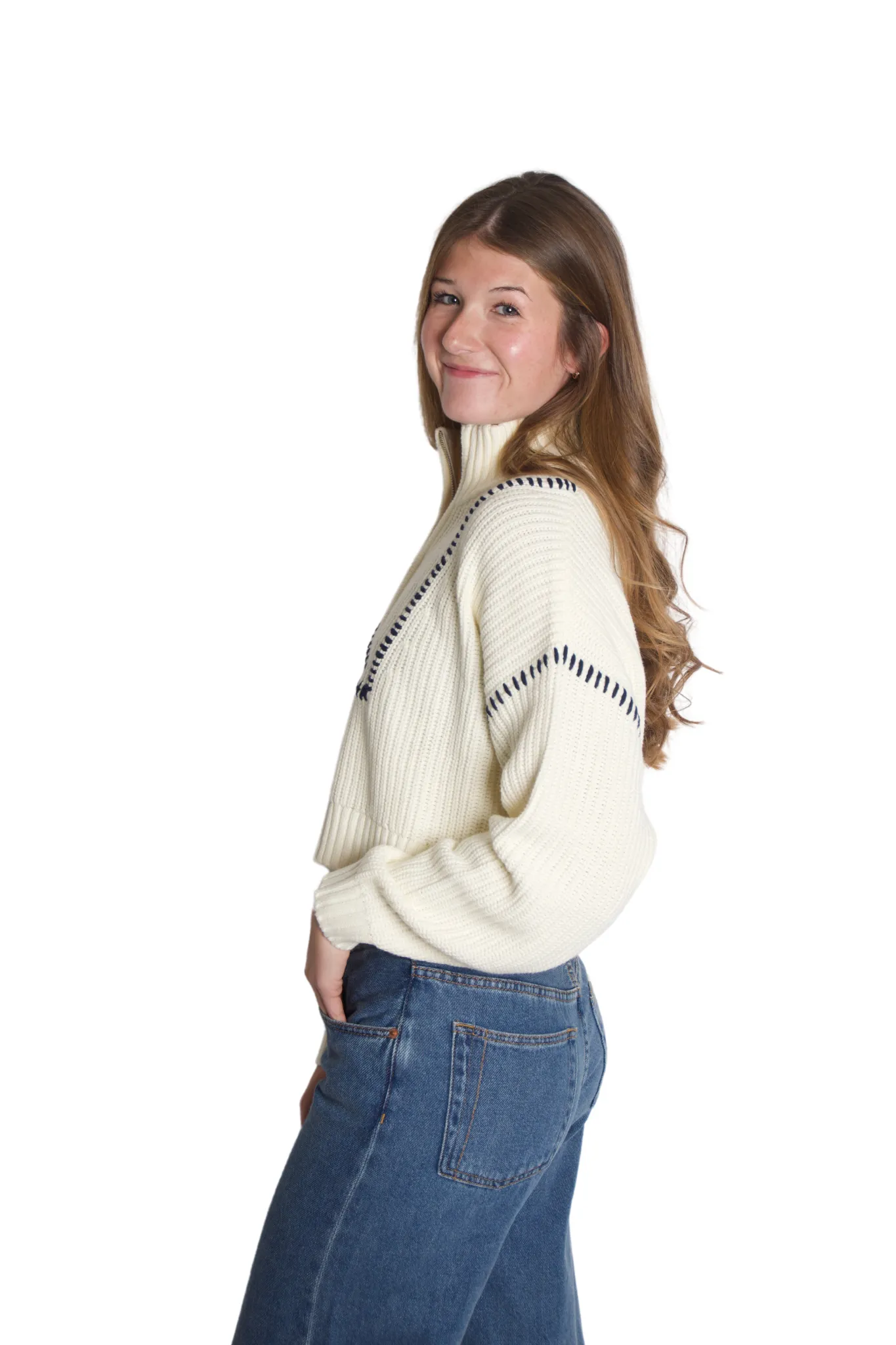 Crop Hampton Sweater in Ivory & Navy