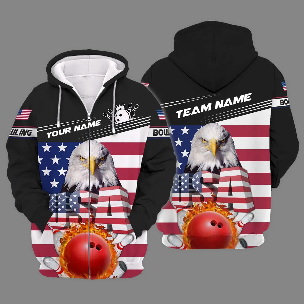 Custom Name Bowling and Pin USA Eagle Flag Pattern 3D Sweatshirt Hoodie, Gift for Bowling Team