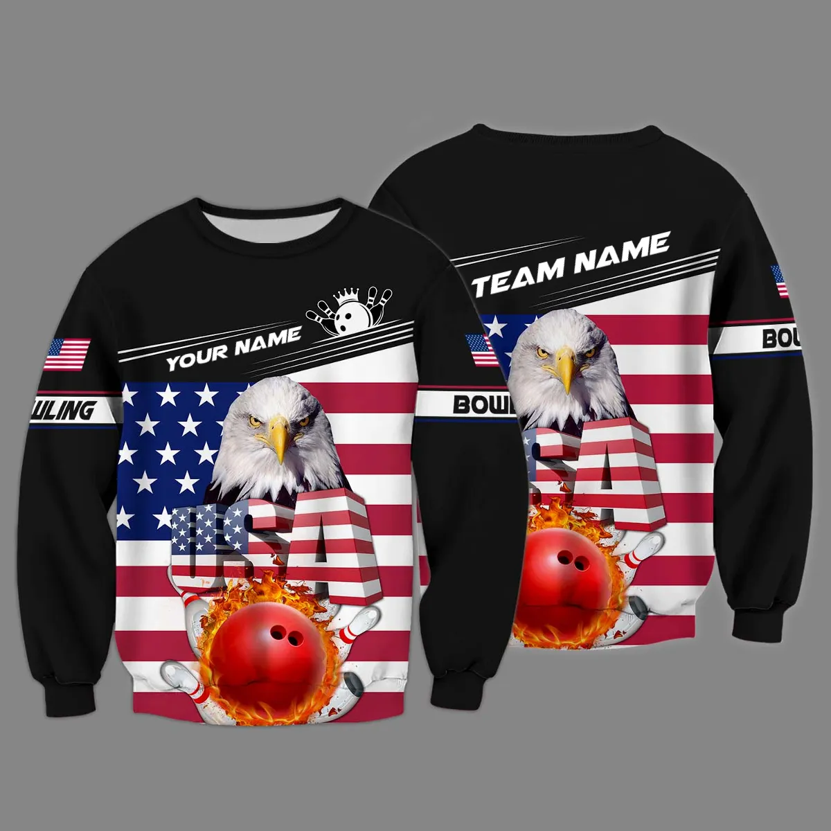 Custom Name Bowling and Pin USA Eagle Flag Pattern 3D Sweatshirt Hoodie, Gift for Bowling Team