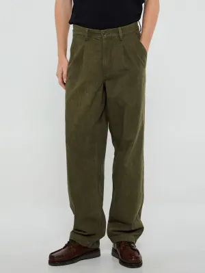 Double Pleated Cotton Pants in Dark Olive