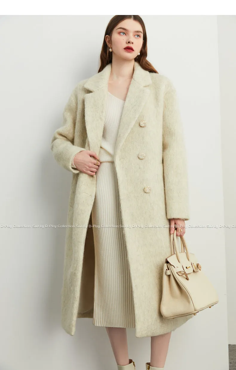 DPLAY's  beige oatmeal winter double-breasted long wool coat- Kida