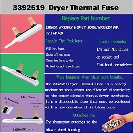 Dryer Thermostat 3977393 & 3392519 Thermal Fuse 3977767 high-limit thermostat Compatible whirlpool kenmore roper maytag estate Inglis crosley amana kitchen-aid, Figure 6 is Compatible Model. 3387134