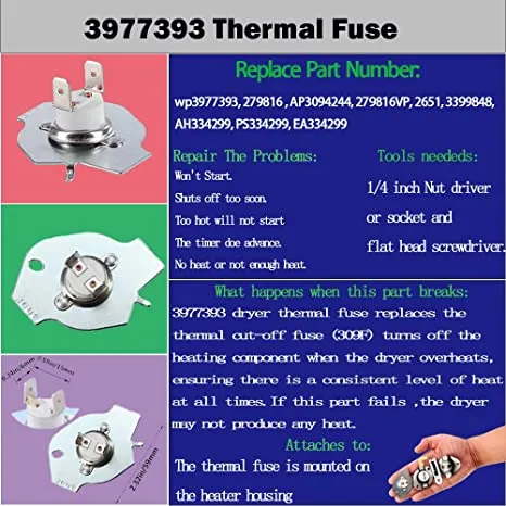 Dryer Thermostat 3977393 & 3392519 Thermal Fuse 3977767 high-limit thermostat Compatible whirlpool kenmore roper maytag estate Inglis crosley amana kitchen-aid, Figure 6 is Compatible Model. 3387134