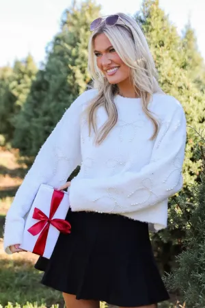 Exquisite Expectation White Pearl Bow Sweater